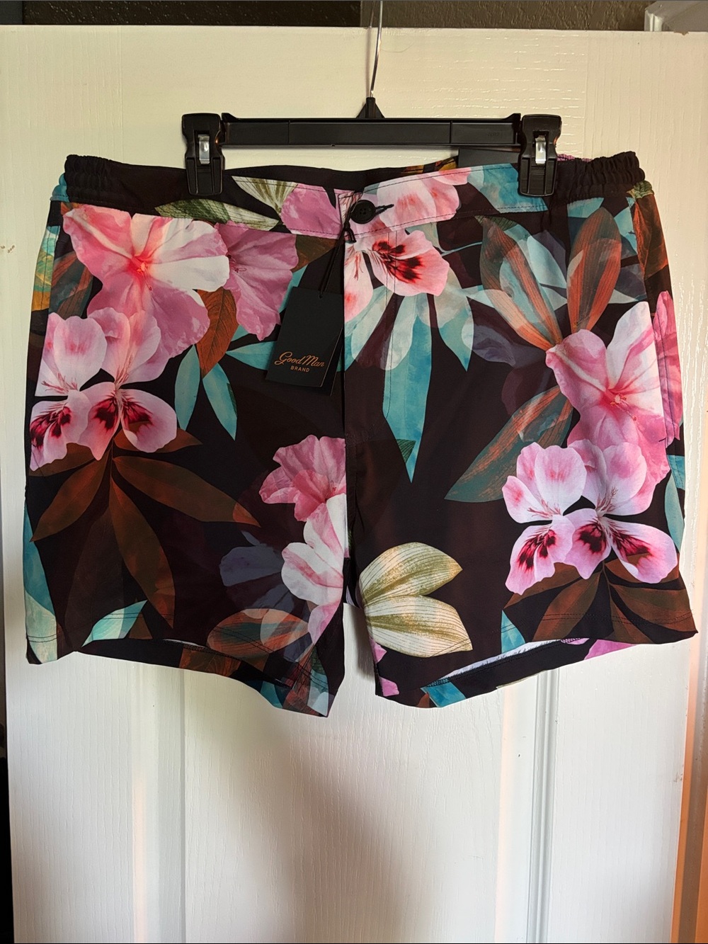 Good Man Brand Floral Swim Trunks in Black, Pink and Teal